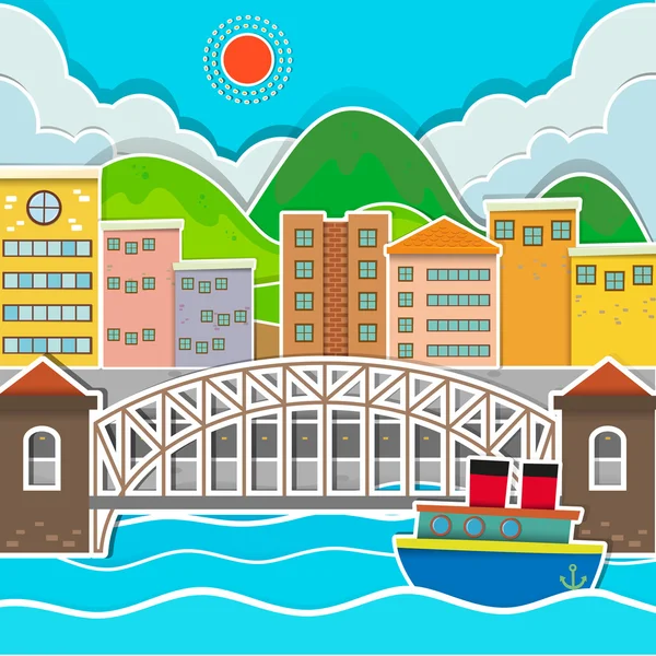 Escena de ciudad con puente y río — Vector de stock