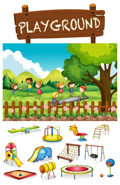 Escena del parque infantil con niños y juguetes — Vector de stock
