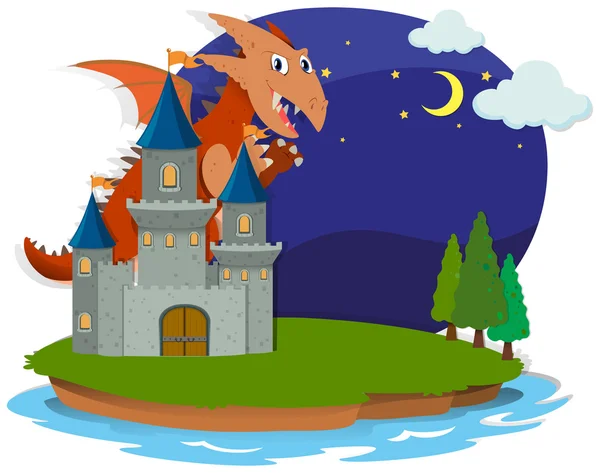 Dragón y castillo por la noche — Vector de stock