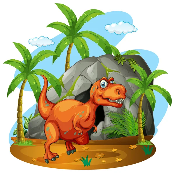 Dinossauro em pé em frente a uma caverna — Vetor de Stock