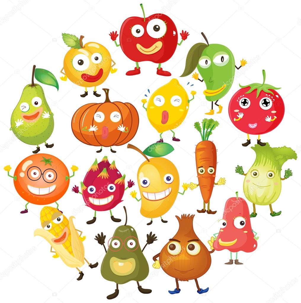 Fruits and vegetables with face