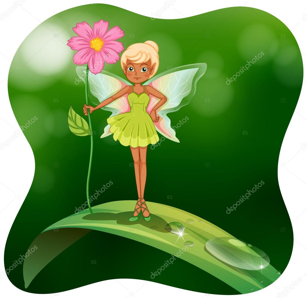 Fairy holding pink flower on the leaf