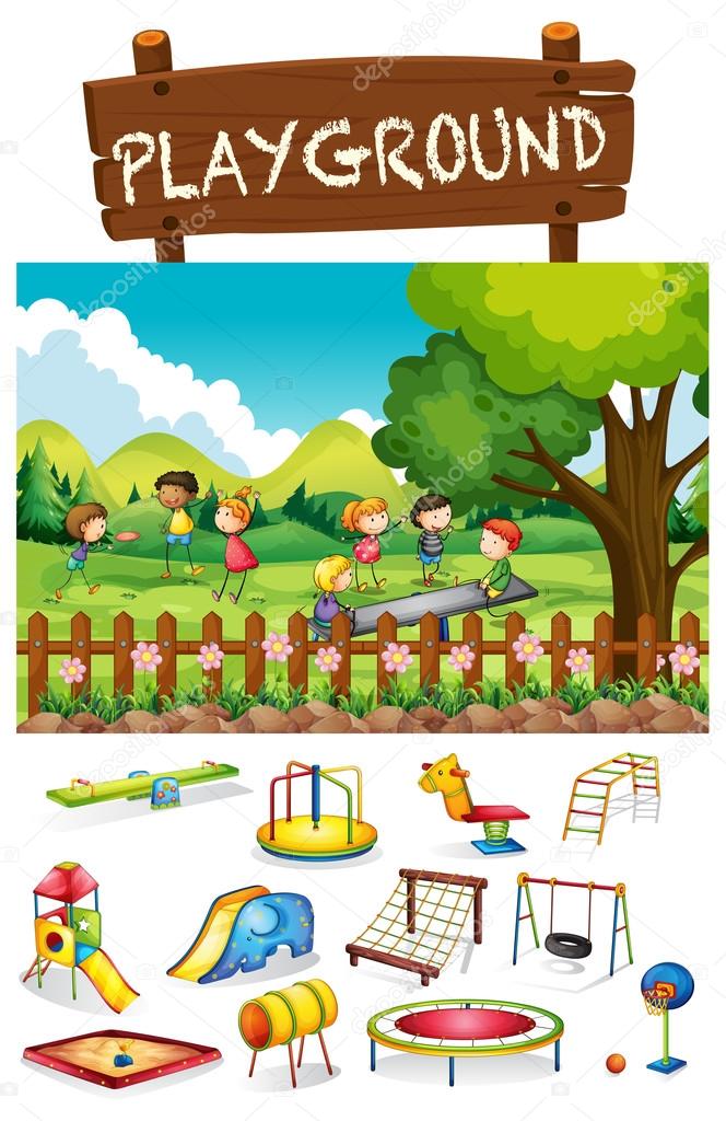 Playground scene with children and toys