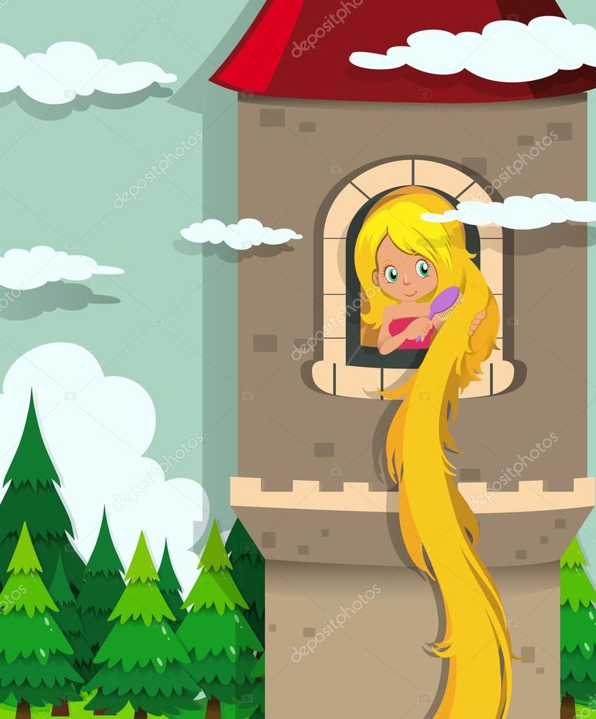 Princess with long hair on the tower