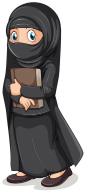 Muslim girl in black costume holding book clipart