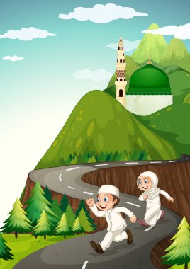 Muslim couple running down the road