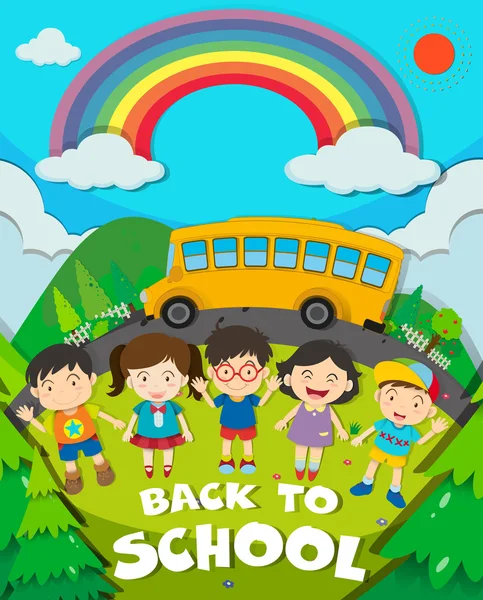 Tema de regreso a la escuela con autobús escolar y niños — Vector de stock