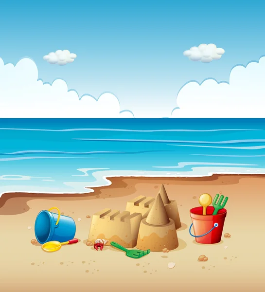 Ocean scene with toys on the beach — Stock Vector