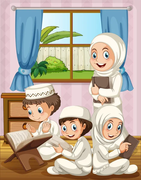 在房子里祈祷的穆斯林家庭 — 图库矢量图片