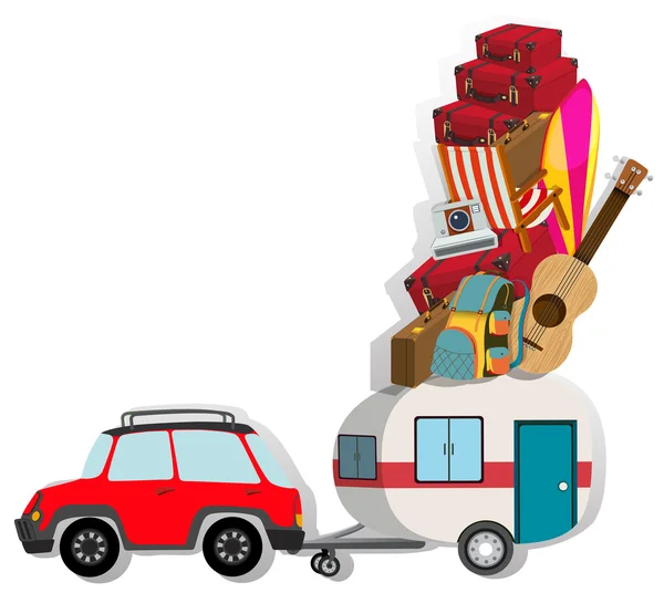 Car with wagon loaded with luggages — Stock Vector