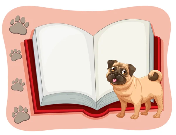 Libro abierto y un perro mascota — Vector de stock