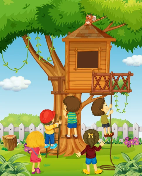 Children playing on the treehouse — Stock Vector