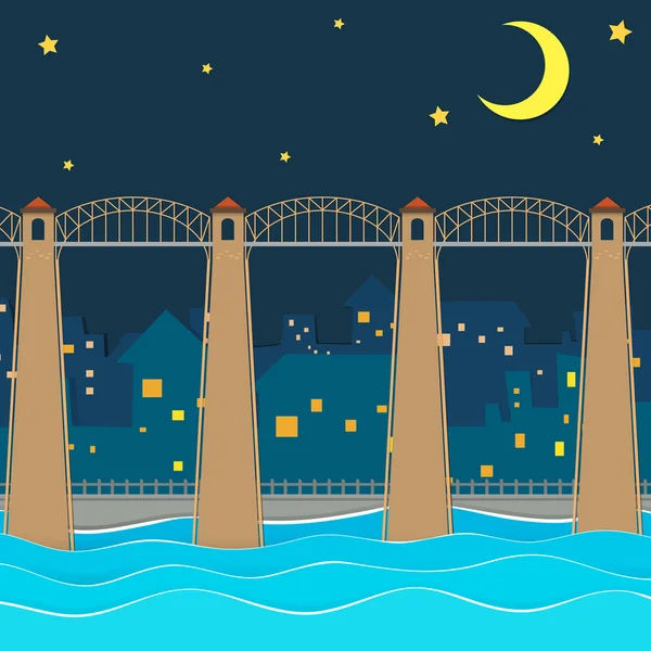 Bridge over city at night — Stock Vector