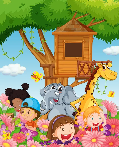 Children and animals in the garden — Stock Vector