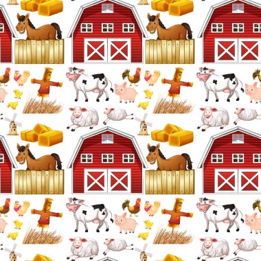 Seamless farm animals and red barn clipart