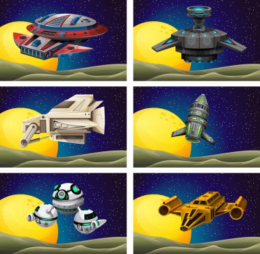 Different design of spaceship in the space