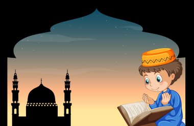 Müslüman çocuk caminin arka plan ile dua