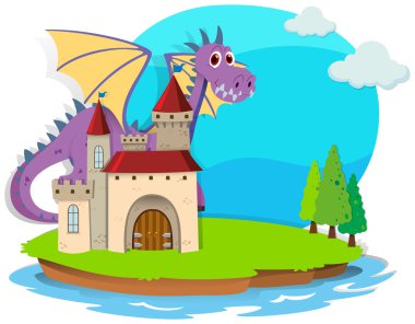 Castle and dragon on the island clipart