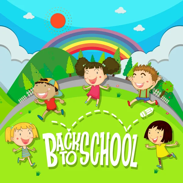 Back to school theme with children in the park — Stock Vector
