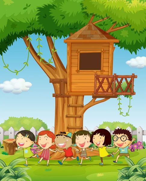 Niños jugando en el jardín — Vector de stock