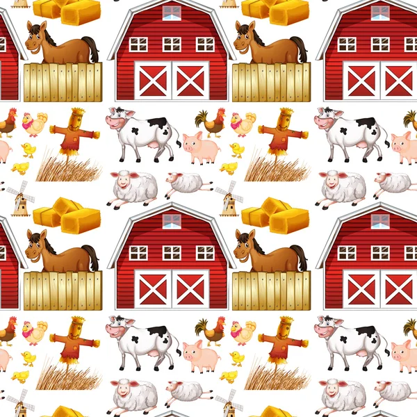 Animales de granja sin costura y granero rojo — Vector de stock