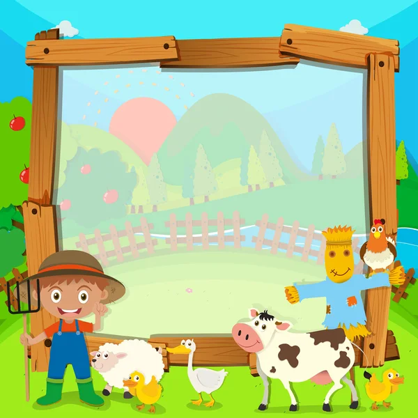 Border design with farmer and animals — Stock Vector