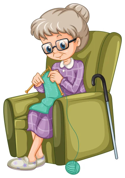 Oude dame breien op de stoel — Stockvector