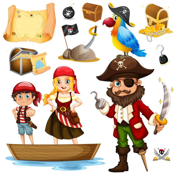 Pirate and crew on ship — Stock Vector