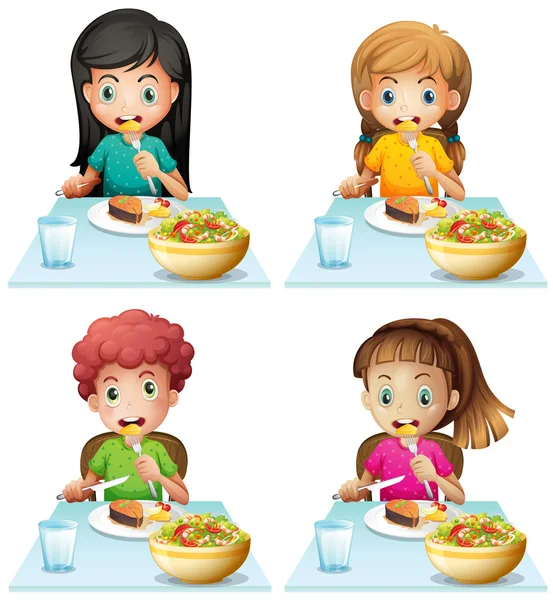 Pojke och flickor äta vid matbordet — Stock vektor
