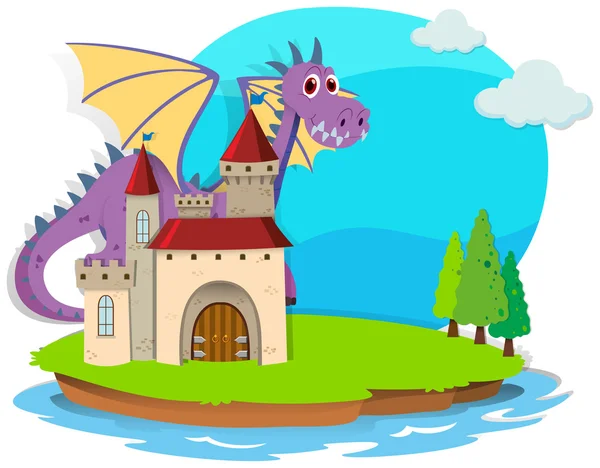 Castle and dragon on the island — Stock Vector