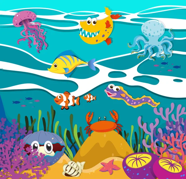 Fish and sea animals under the ocean — Stock Vector