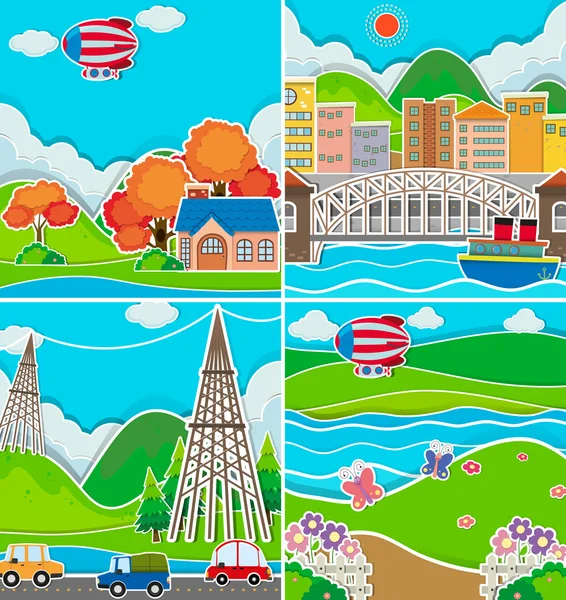 Четыре сцены города и сельской местности Стоковая Иллюстрация