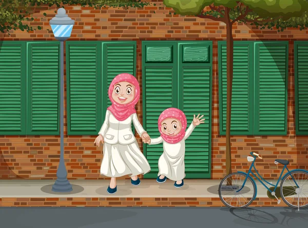 Мусульманские девушки на тротуаре Лицензионные Стоковые Векторы