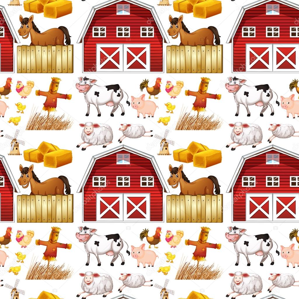 Seamless farm animals and red barn