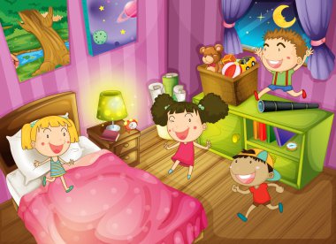 Çocuklar eğleniyor yatak odasında