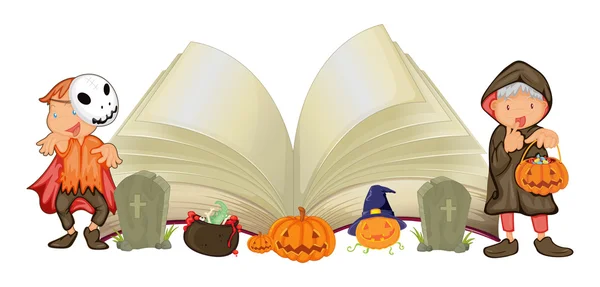 Open book and kids in halloween costumes — Stock Vector