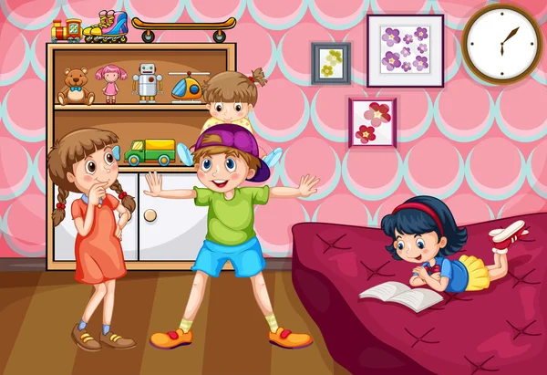 Παιδιά διασκεδάζουν στην κρεβατοκάμαρα — Διανυσματικό Αρχείο