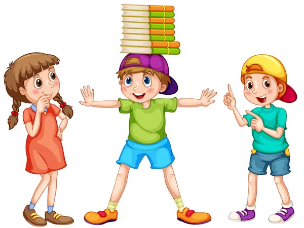 Children looking at boy with books on his head — Stock Vector