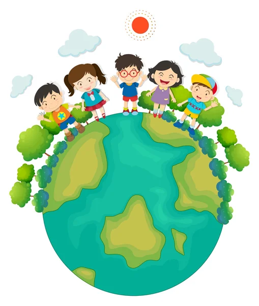 Children standing around the earth — Stock Vector