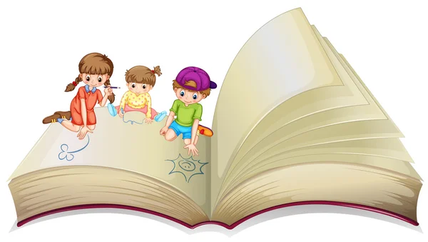 Los niños garabatean en el libro grande — Vector de stock