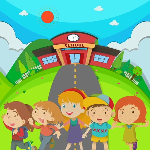 Bambini in piedi davanti alla scuola — Vettoriale Stock