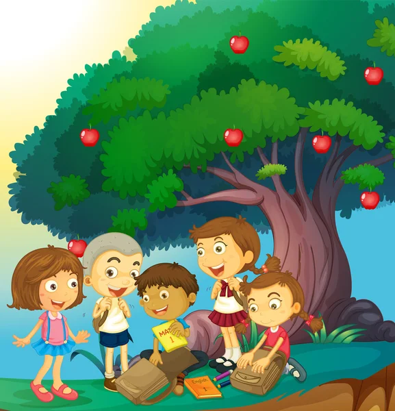 Children hanging out under the apple tree — Stock Vector