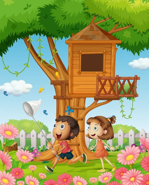 Enfants attrapant des papillons dans le jardin — Image vectorielle