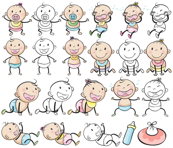 Baby boys and girls in different posts — Stock Vector