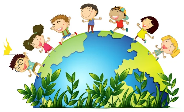 Children running around the globe — Stock Vector