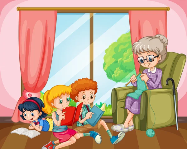 読む子どもたちや編み物をする老婦人 — ストックベクタ