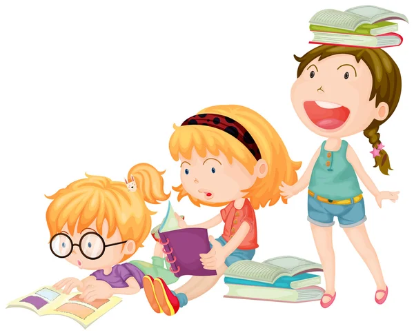 Drie meisjes genieten van het lezen van boeken — Stockvector