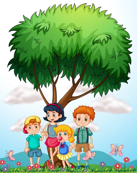 Children standing under the tree — Stock Vector