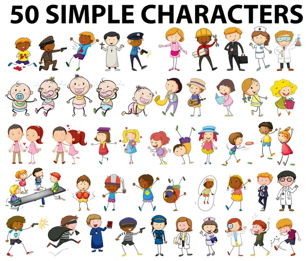 Πενήντα απλούς χαρακτήρες κάνει διαφορετικά πράγματα — Διανυσματικό Αρχείο