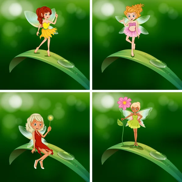 緑の葉の上に立っての妖精 — ストックベクタ